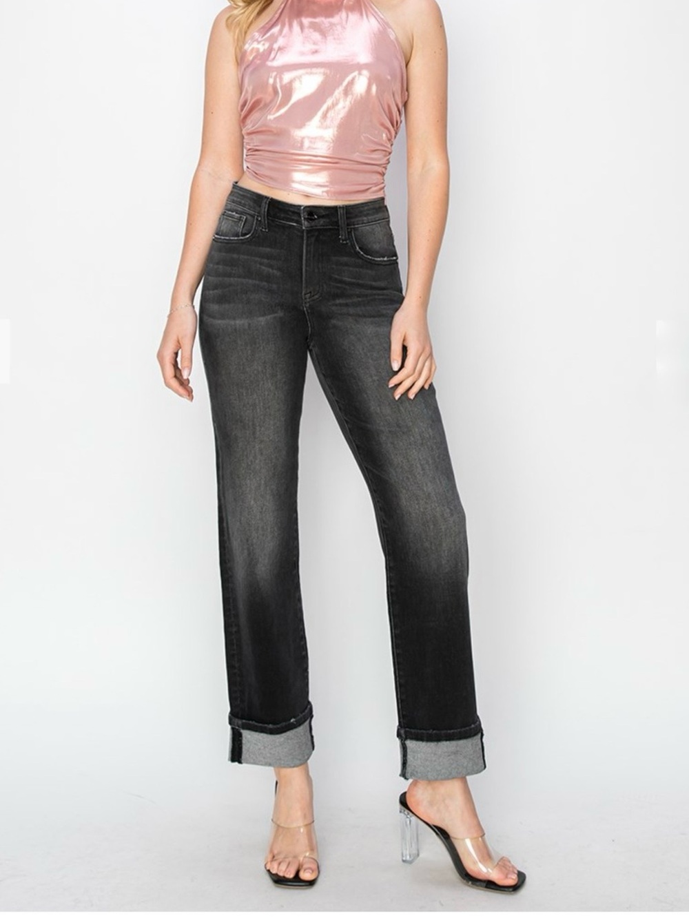 🍒💕Risen Plus High-Rise Straight Leg Jeans in Washed Black - Picture 3 of 6
